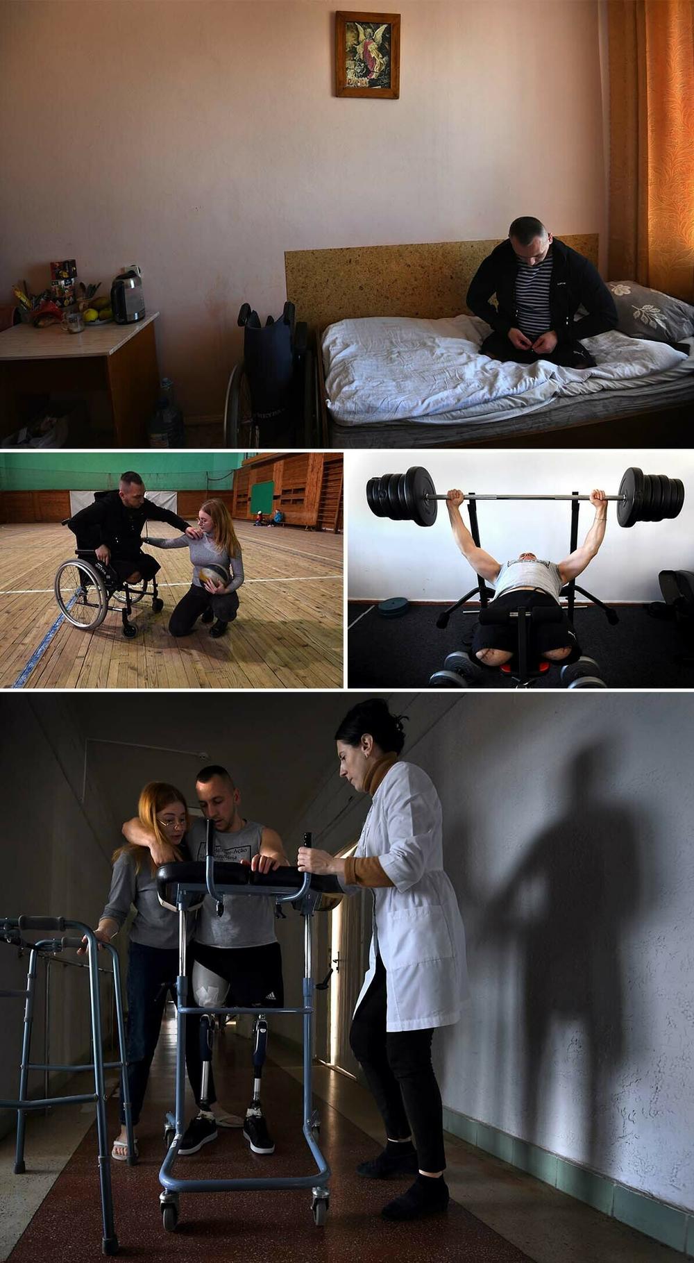 <strong>Top:</strong> Misha sits on his bed in his room at Truskavets City Hospital. <strong>Middle left:</strong> Ira helps Misha out of his wheelchair to play volleyball with other wounded soldiers at a local gym. <strong>Middle right:</strong> Misha works out. <strong>Bottom:</strong> Nurse Diana Prysiazhna assists Misha with rehab.