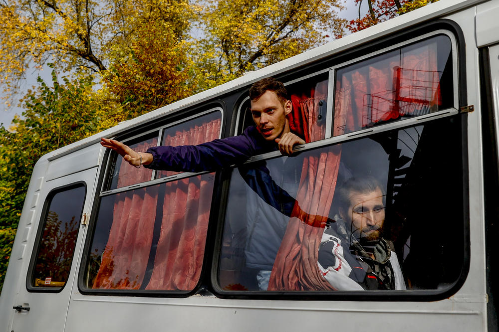 Russian citizens are sent to their units following a military mobilization in Moscow on Sept. 29.