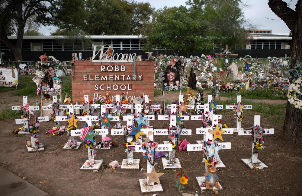 Crosses seen on Nov. 8 are set up to honor those who lost their lives during the Robb Elementary School shooting in Uvalde, Texas.