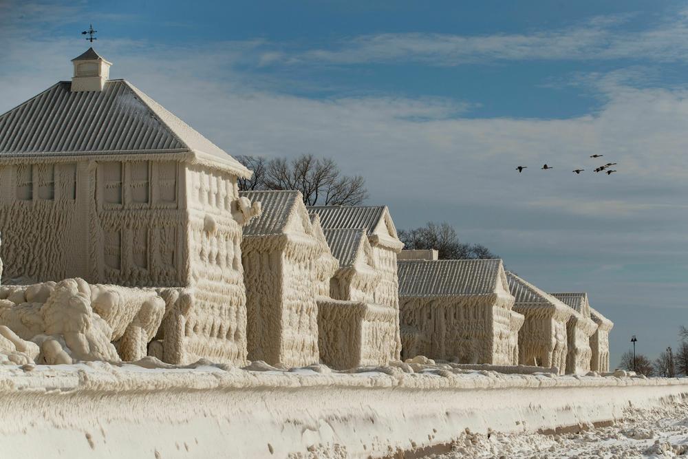 Geese fly over frozen homes in the waterfront community of Crystal Beach in Fort Erie, Ontario, Canada.