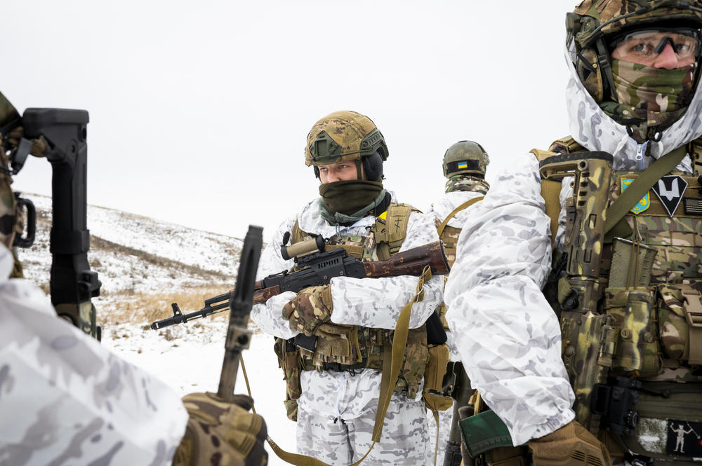 Members of Dzhokhar Dudayev Battalion train new recruits outside of Kyiv, Ukraine on Dec. 3.