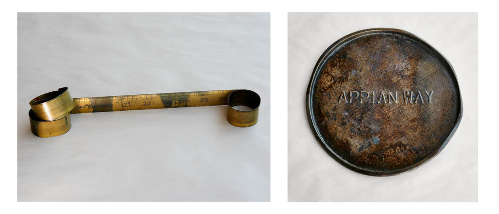 Left: Metal snap roll yard stick from the Grinker childhood home, circa 1960 that Lori loved to play with. Right: Appian Way pizza pan-one of the objects that got Lori started on this project. Audrey used this all the time starting during Lori's childhood to heat up food in the oven. The pan was part of a kit from the first mass-produced pizza pie mix in a box in the United States, circa 1950's.