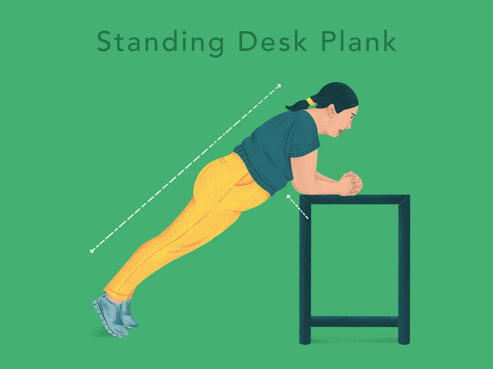 <strong>Standing Desk Plank:</strong> Place your forearms on the desk, hands touching. Extend your legs with toes on the floor. Contract your abdominal muscles. Maintain a straight line from head to toes without lifting or sinking your hips. Hold for 10–15 seconds. Rest and repeat.<em></em>