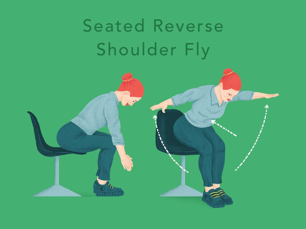 <strong>Seated Reverse Shoulder Fly</strong>: Sit on the edge of the chair and lean forward while keeping your lower back naturally arched. Your palms should be facing each other. Raise your arms straight out from your sides. Pause and then slowly return to the starting position. Repeat the exercise 15 times.