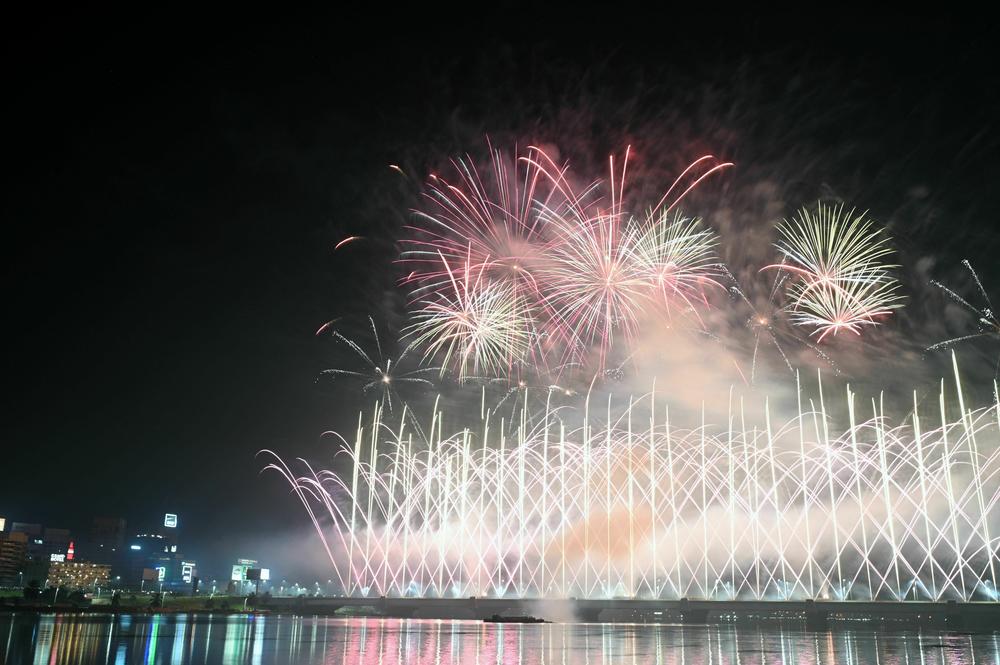 Fireworks are set off over the Ebrie Lagoon and the General de Gaulle bridge during the New Year's celebration in Abidjan, Ivory Coast.
