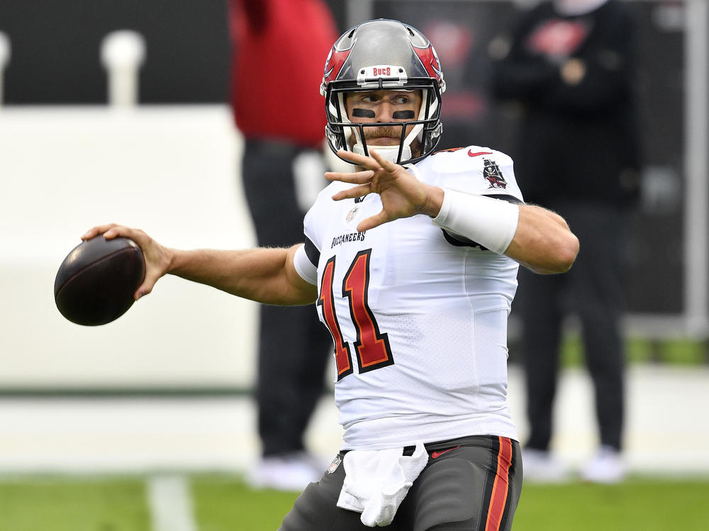 Blaine Gabbert of the Tampa Bay Buccaneers warms up prior to their game against the Carolina Panthers at Bank of America Stadium in 2020 in Charlotte, North Carolina.