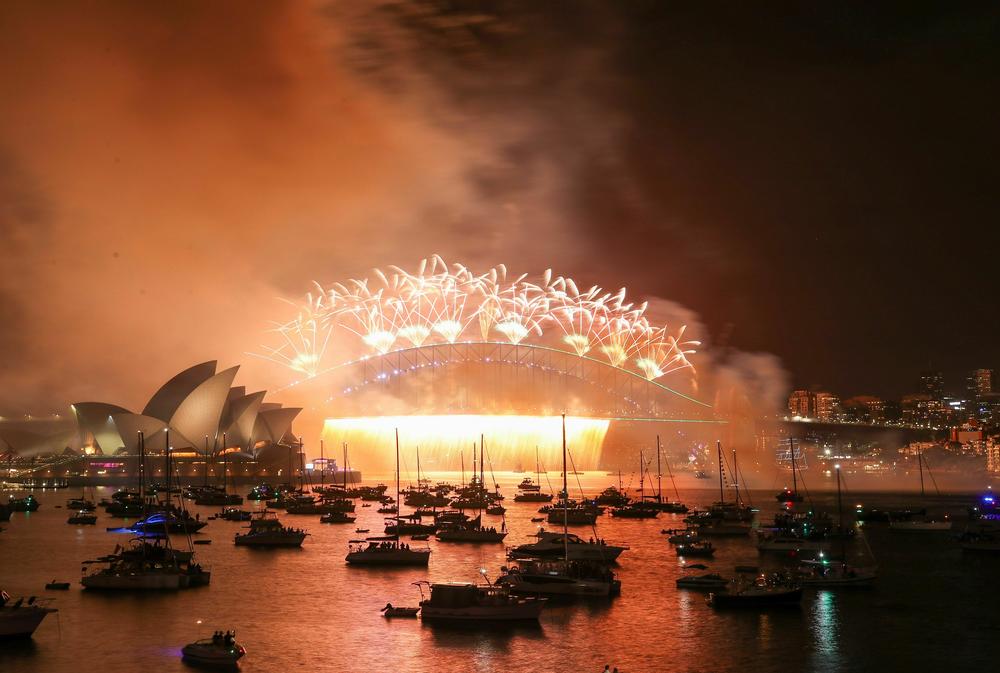 Fireworks can be seen over the Sydney Harbour Bridge in Sydney, Australia.