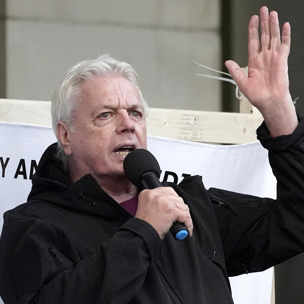 British conspiracy theorist David Icke at an anti-lockdown protest in Birmingham in 2020.