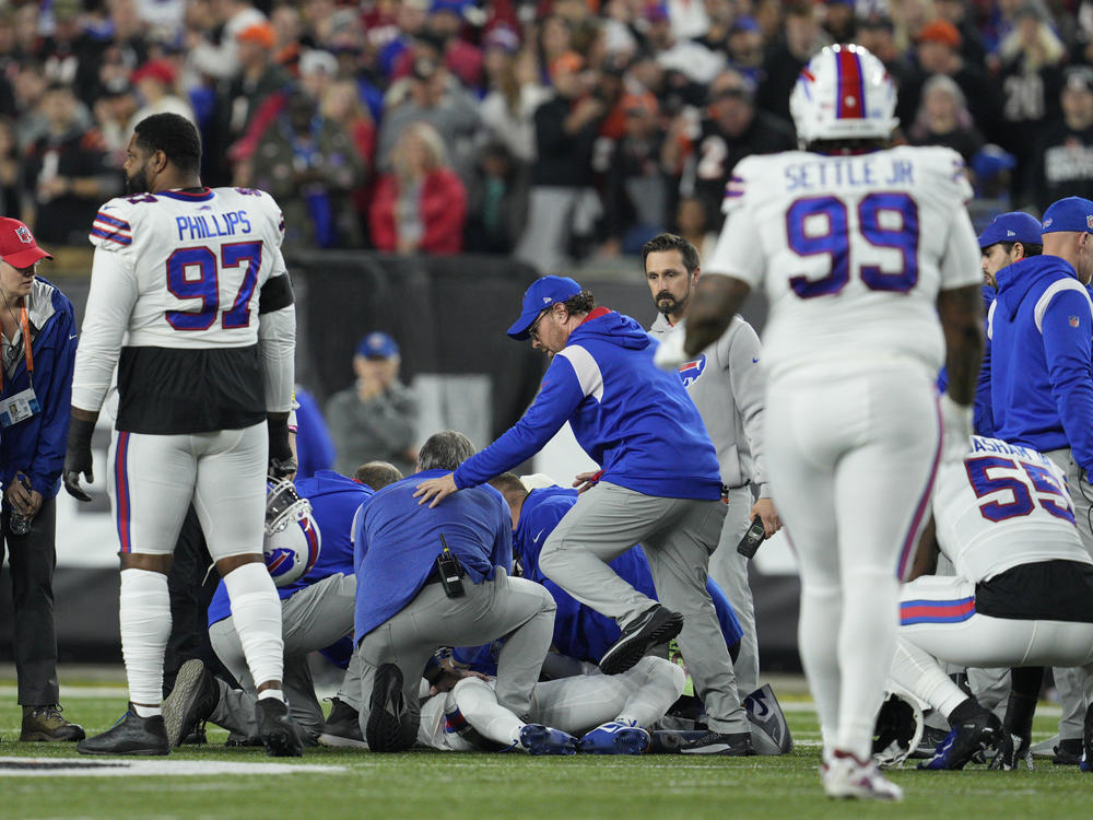 Buffalo Bills' Damar Hamlin is examined during the first half of an NFL football game against the Cincinnati Bengals on Monday in Cincinnati.