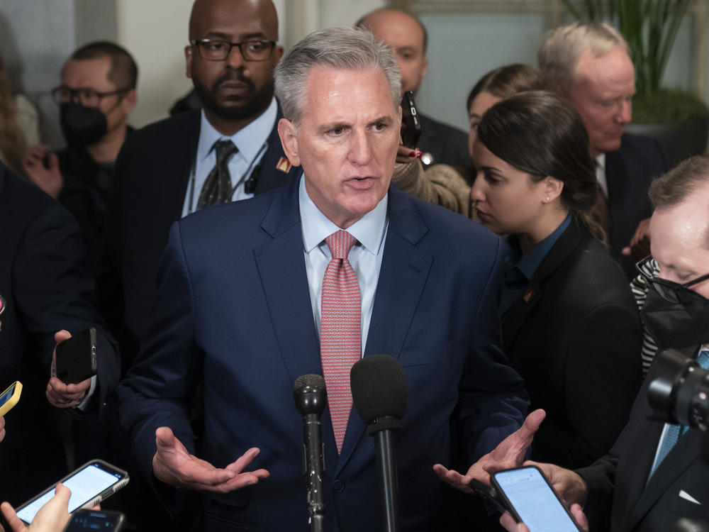 House Republican Leader Kevin McCarthy, R-Calif., speaks after a closed-door meeting Tuesday morning with the GOP conference as he pursues the speaker of the House.