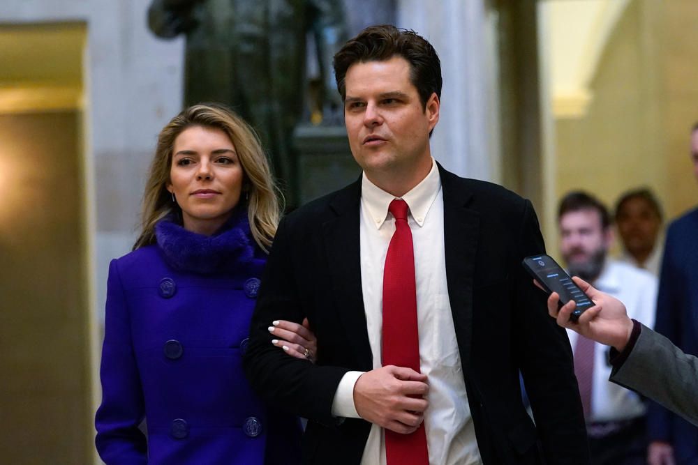 Rep. Matt Gaetz, R-Fla., and his wife Ginger Luckey, walk in the Capitol on Tuesday.