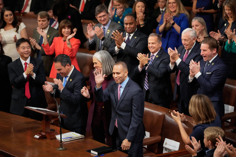 Rep. Hakeem Jeffries, D-N.Y., waves after being nominated as speaker of the House on the opening day of the 118th Congress at the U.S. Capitol, on Jan. 3 in Washington.