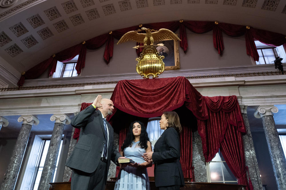 Vice President Kamala Harris, right, participates in a ceremonial swearing-in of Sen. John Fetterman, D-Pa., left, with his wife Gisele Barreto Fetterman, in the Old Senate Chamber on Capitol Hill in Washington, Tuesday, Jan. 3, 2022.
