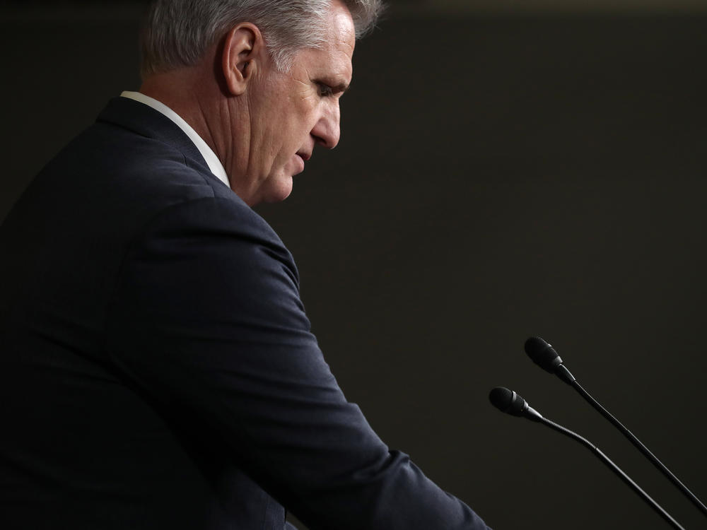 Then-House Minority Leader Kevin McCarthy, R-Calif., talks to reporters during a news conference following a GOP caucus meeting at the U.S. Capitol on Feb. 13, 2019.