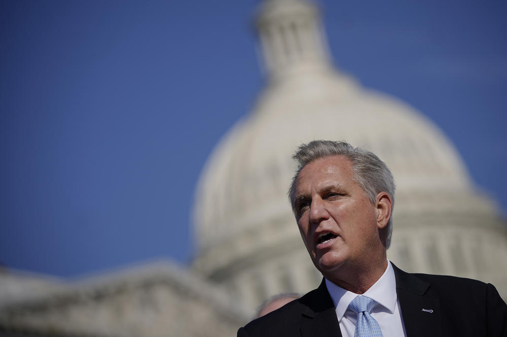 Then-House Minority Leader Kevin McCarthy, R-Calif., speaks during a news conference with House Republicans about U.S.-Mexico border policy outside the U.S. Capitol on March 11, 2021.