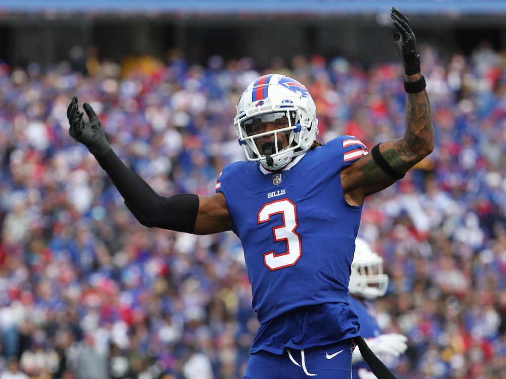 Damar Hamlin of the Buffalo Bills celebrates during a game this season against the Pittsburgh Steelers in New York.