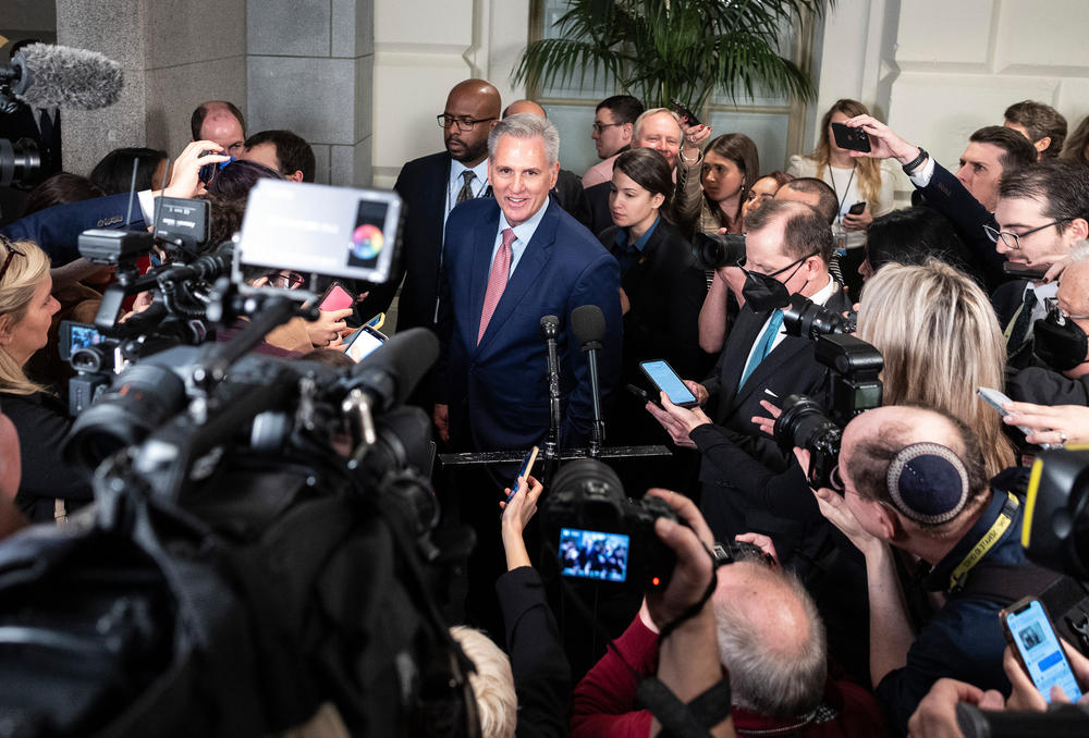 GOP Rep. Kevin McCarthy of California speaks to reporters following a meeting with House Republicans at the Capitol on Tuesday.