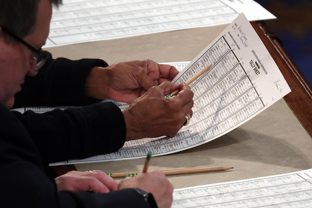 House clerks tally votes as members of the House of Representatives hold their vote for speaker on the first day of the 118th Congress.