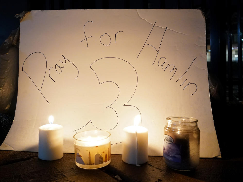 A vigil is displayed at the University of Cincinnati Medical Center for football player Damar Hamlin of the Buffalo Bills after he collapsed following a tackle during the game against the Cincinnati Bengals and was transported by ambulance to the hospital on Jan. 3, 2023 in Cincinnati, Ohio.