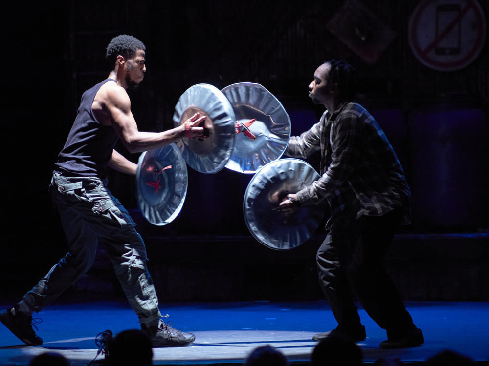 A scene from the New York production of <em>STOMP</em> featuring Desmond Howard and Emmanuel 