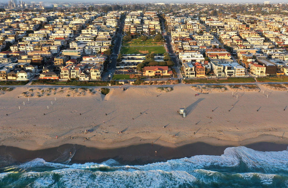 In an aerial view, Bruce's Beach  is wedged between expensive real estate on April 19, 2021 in Manhattan Beach, California.
