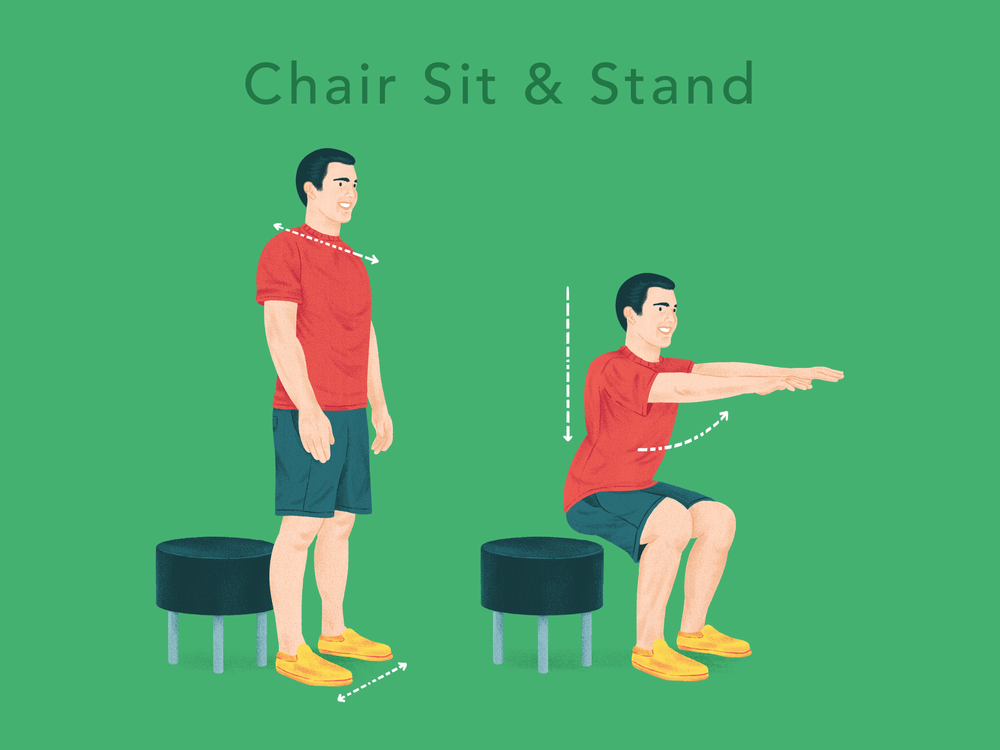 <strong>Chair Sit & Stand:</strong> Stand in front of a chair with your legs shoulder-width apart. Squat down like you are sitting on the chair but without actually touching it. Maintain a straight back, keeping knees above the feet, weight on the heels. Straighten your legs to return to the starting position. Repeat 10–15 times.