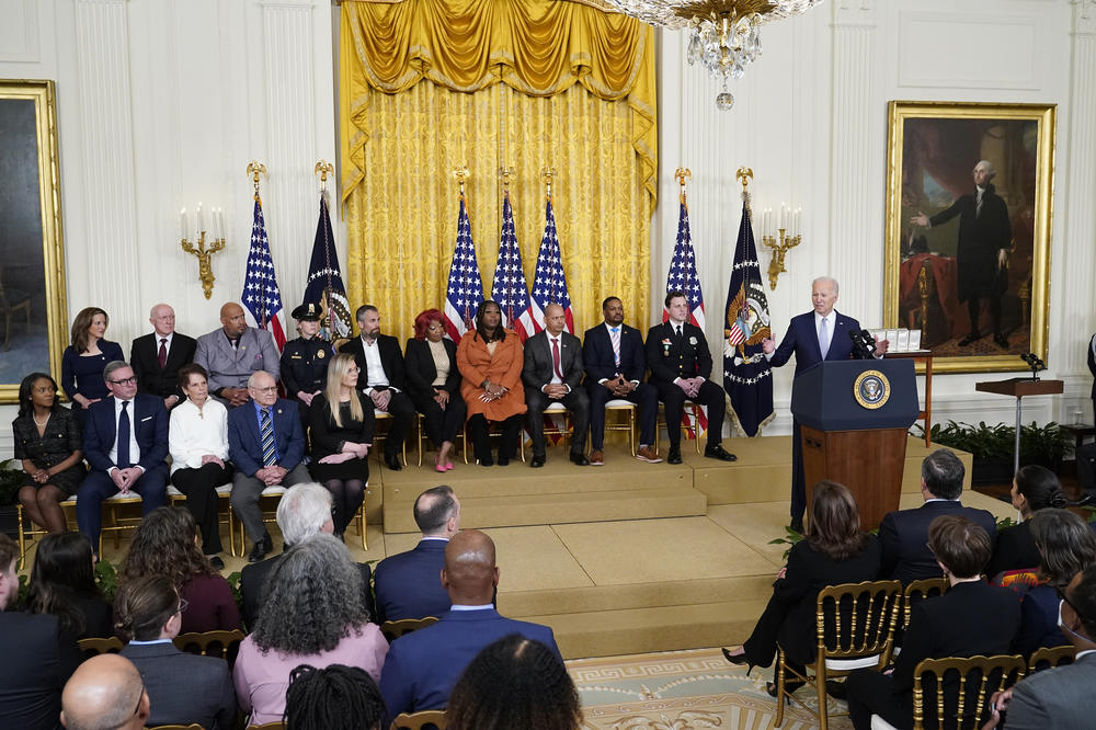 President Joe Biden speaks in the East Room of the White House in Washington, Friday, Jan. 6, 2023, during a ceremony to mark the second anniversary of the Jan. 6 assault on the Capitol and to award Presidential Citizens Medals.