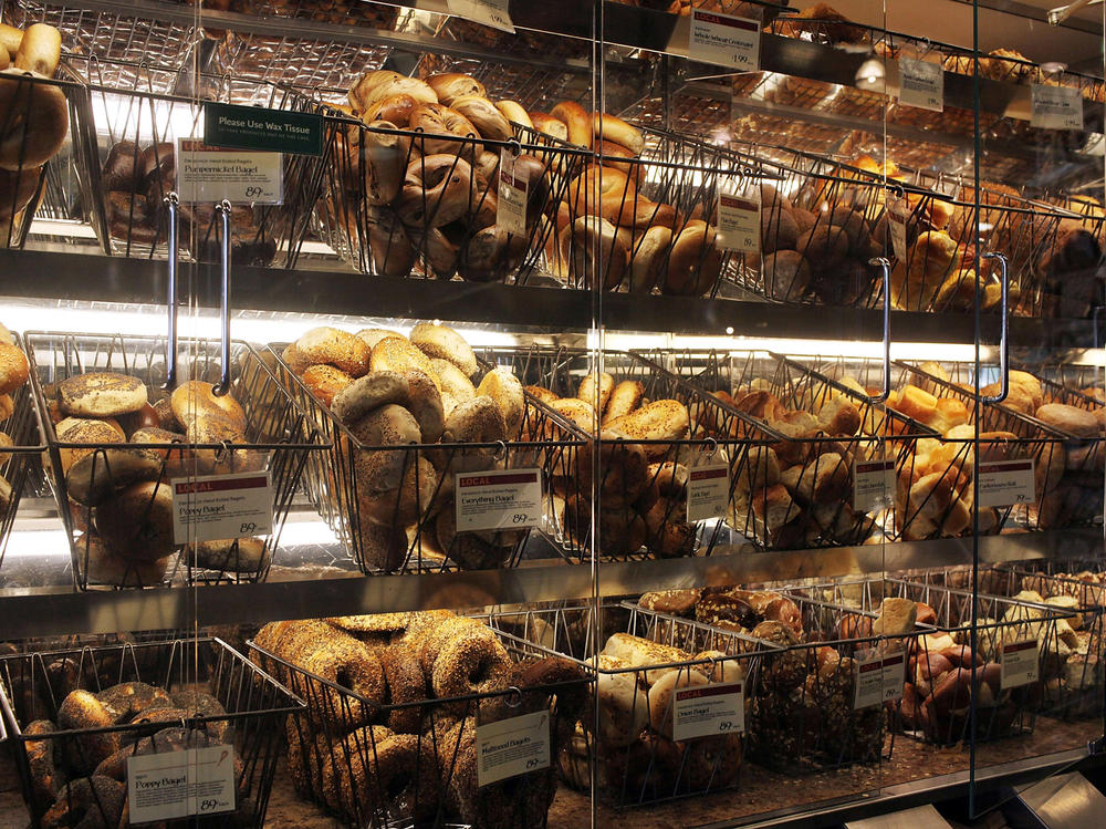 Bagels are displayed for sale at a Manhattan grocery store on Aug. 6, 2010, in New York City.