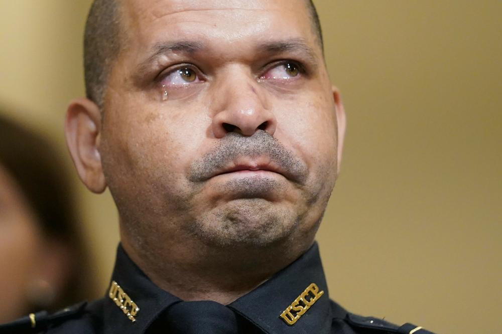 U.S. Capitol Police officer Aquilino Gonell reacts as he testifies during a U.S. House select committee hearing on the Jan. 6 Capitol riot in Washington, D.C., the United States, on July 27, 2021.