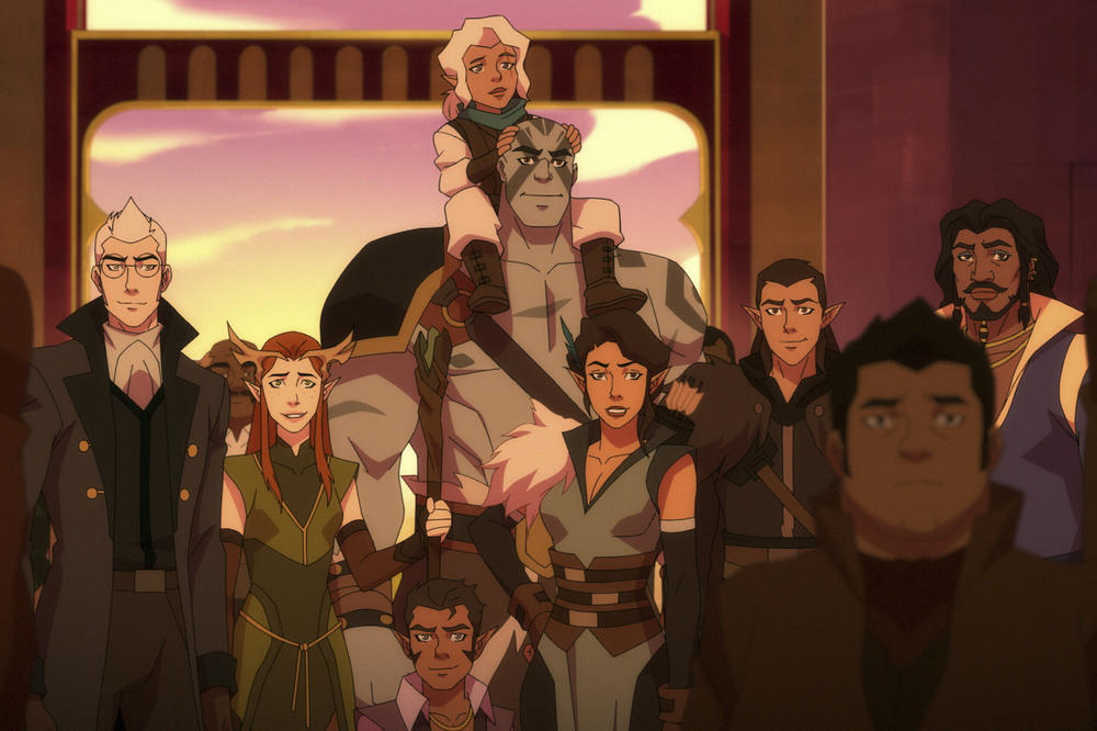 Taliesin Jaffe (Percy de Rolo), Marisha Ray (Keyleth), Sam Riegel (Scanlan Shorthalt), Ashley Johnson (Pike Trickfoot), Travis Willingham (Grog Strongjaw), Laura Bailey (Vex'ahlia), Liam O'Brien (Vax'ildan), Sunil Malhotra (Gilmore) in <em>The Legend of Vox Machina.</em>