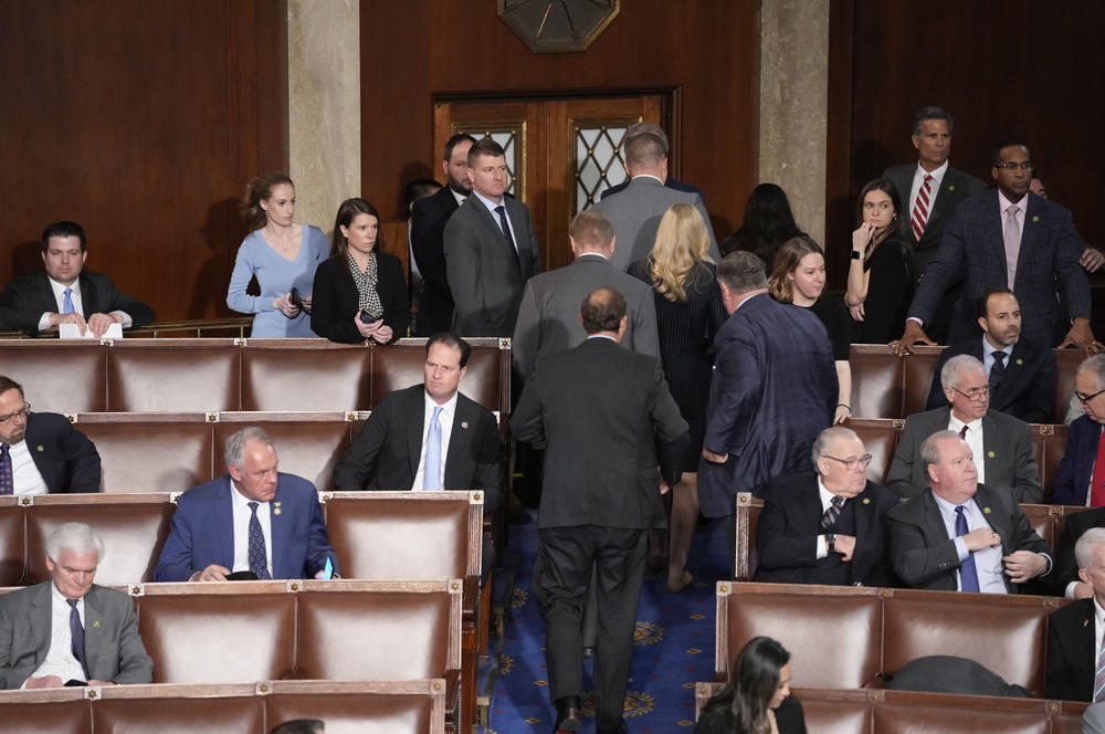 Republican members walk out of the chamber as Rep. Matt Gaetz, R-Fla., speaks as the House meets for the fourth day to elect a speaker.