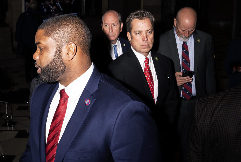 Rep.-elect Byron Donalds (R-FL) (L to R), Rep.-elect Dan Bishop (R-NC), Rep.-elect Andy Ogles (R-TN) and Rep.-elect Chip Roy (R-TX) speak to the media after voting for Republican leader Kevin McCarthy (R-CA) for speaker of the house.