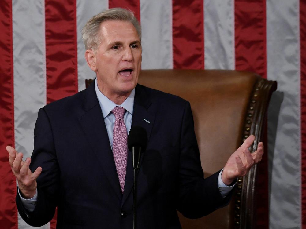 Newly elected House Speaker Kevin McCarthy delivers a speech after he was elected on the 15th ballot on Jan. 7.