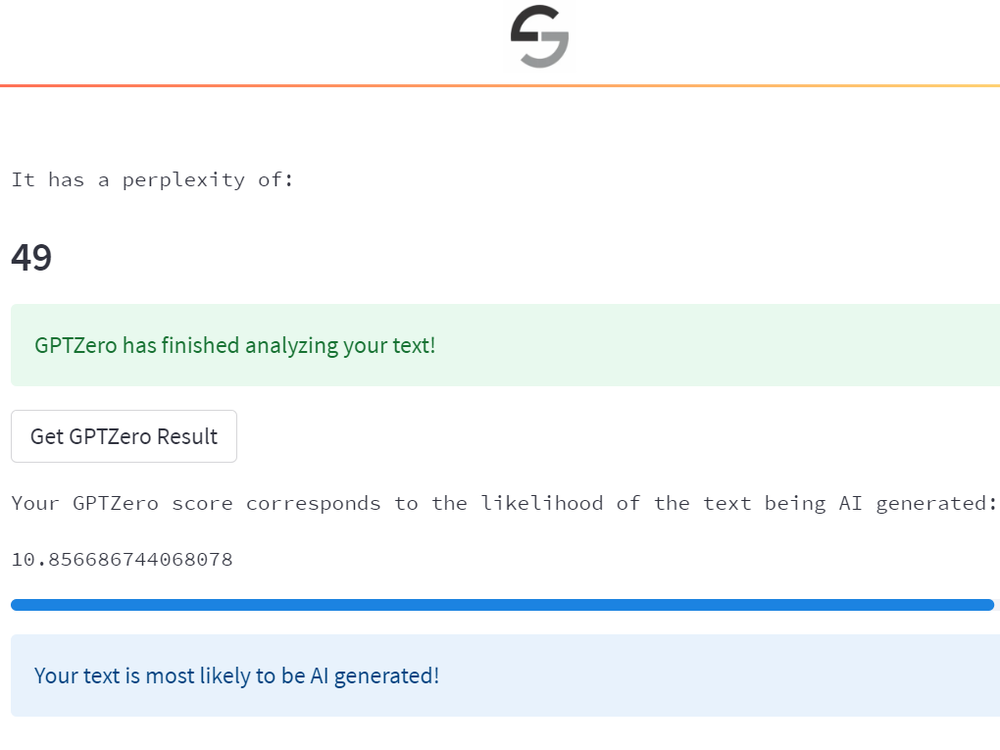 GPTZero in action: The bot correctly detected AI-written text. The writing sample that was submitted? ChatGPT's attempt at 
