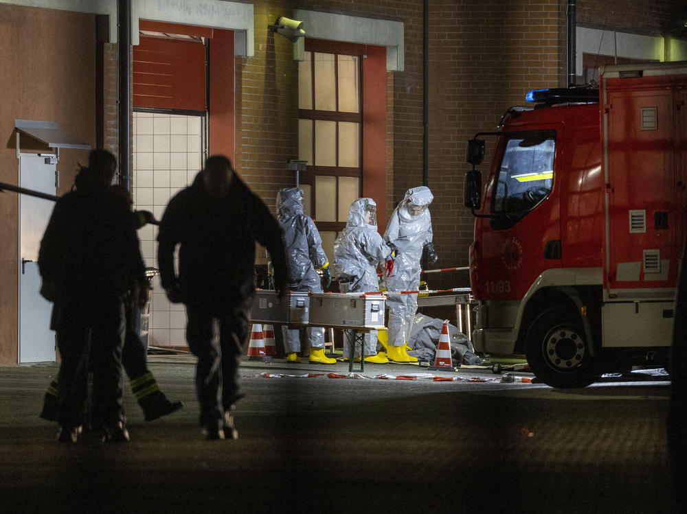 Substances found during the search are examined on the premises of the fire department in Castrop-Rauxel, Sunday, Jan.8, 2023. In Castrop-Rauxel, there was a large-scale operation by the police and fire department on Saturday evening. A special task force (SEK) was also on the scene, a police spokeswoman told the German Press Agency on Saturday evening.