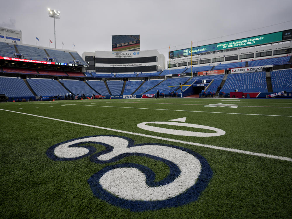 The 30-yard line at Highmark Stadium in Buffalo bears a stylized number 3 in support of Buffalo Bills safety Damar Hamlin, who remains hospitalized after suffering a cardiac arrest and collapsing during a game Monday night.