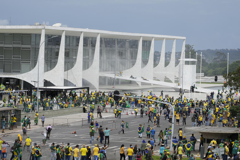 Supporters of Brazil's former President Jair Bolsonaro protest outside the Planalto Palace building in Brasilia, Brazil, Sunday.
