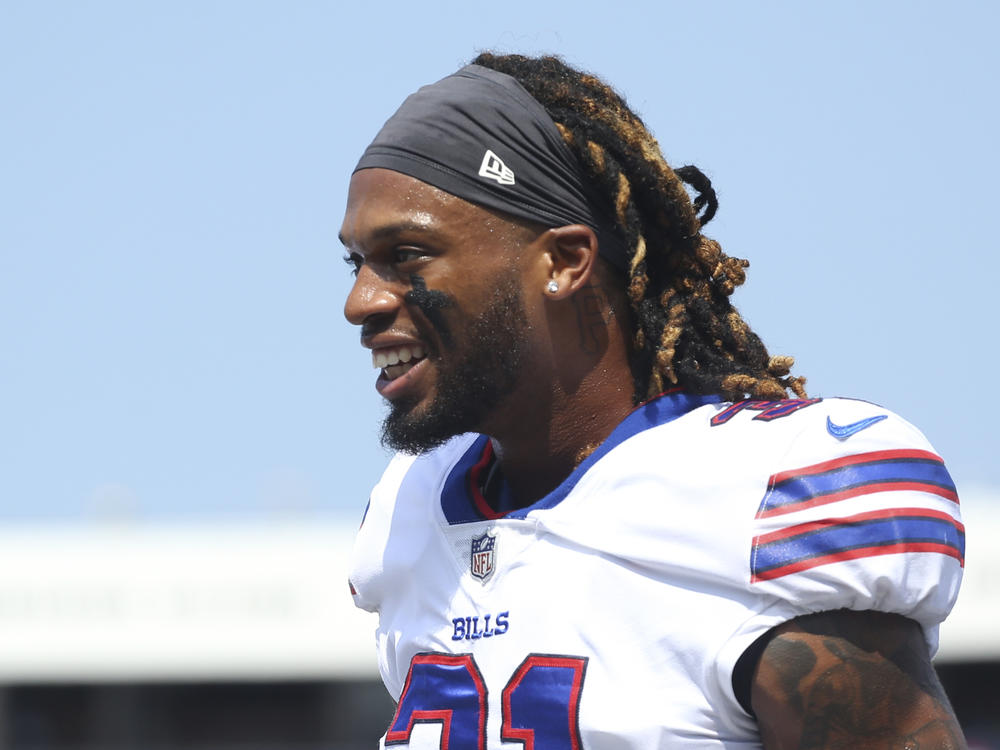 Buffalo Bills safety Damar Hamlin has been released from the hospital and has returned to Buffalo, doctors say. Here, Hamlin is shown prior to the start of the first half of a preseason NFL football game, Saturday, Aug. 28, 2021, in Orchard Park, N.Y.