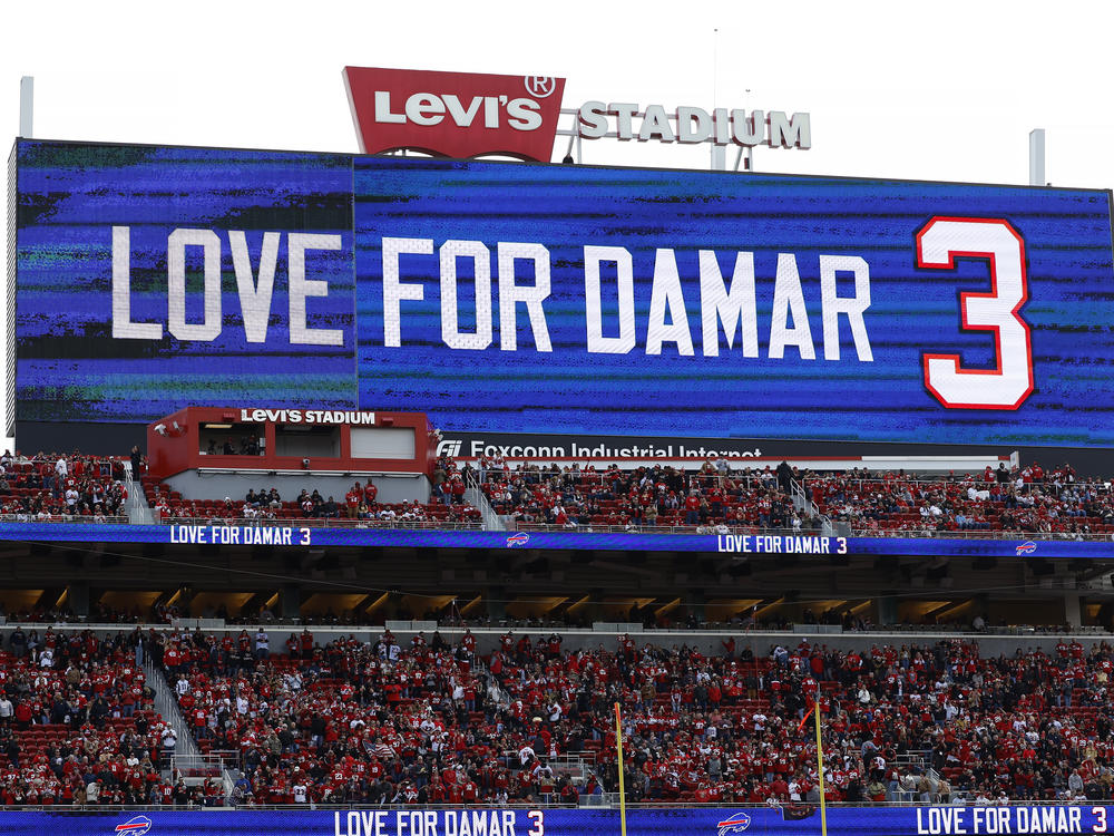 A video board at Levi's Stadium shows a message for Damar Hamlin during an NFL football game between the San Francisco 49ers and the Arizona Cardinals in Santa Clara, Calif., Sunday, Jan. 8, 2023.