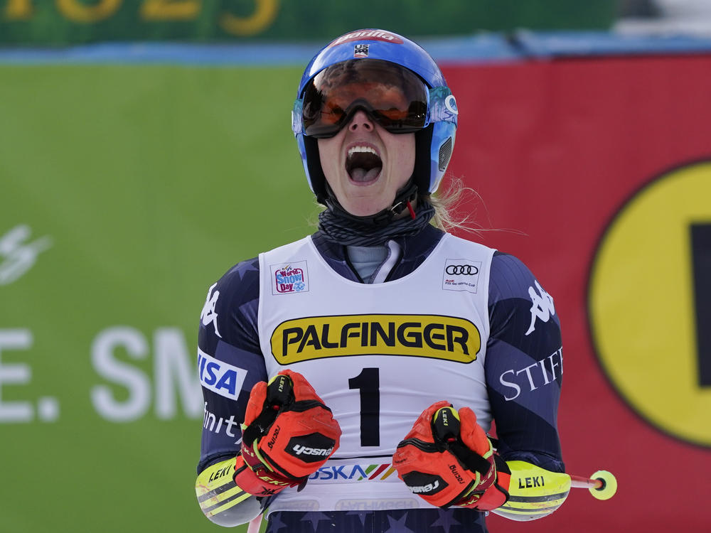 U.S. skier Mikaela Shiffrin celebrates winning an alpine ski, women's World Cup giant slalom race, in Kranjska Gora, Slovenia, Sunday.