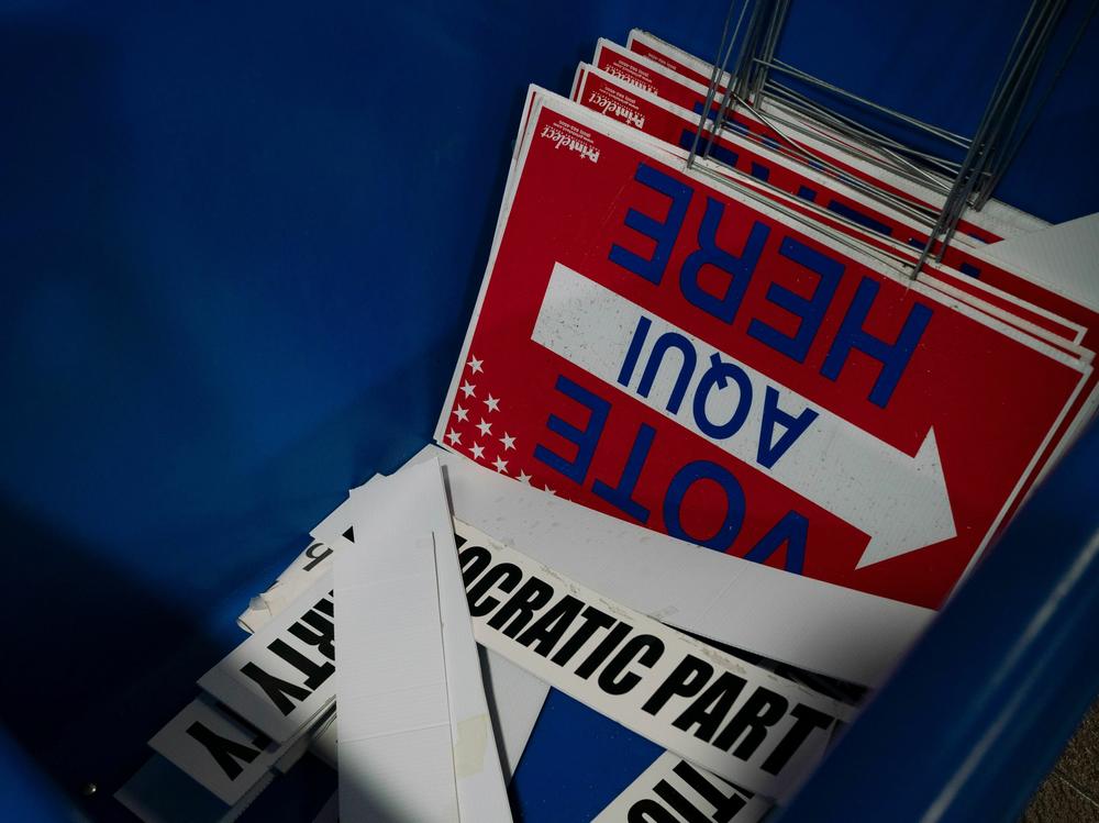Signs used for polling stations are seen in a bin at the El Paso County Courthouse during the presidential primary Texas on Super Tuesday, March 3, 2020.