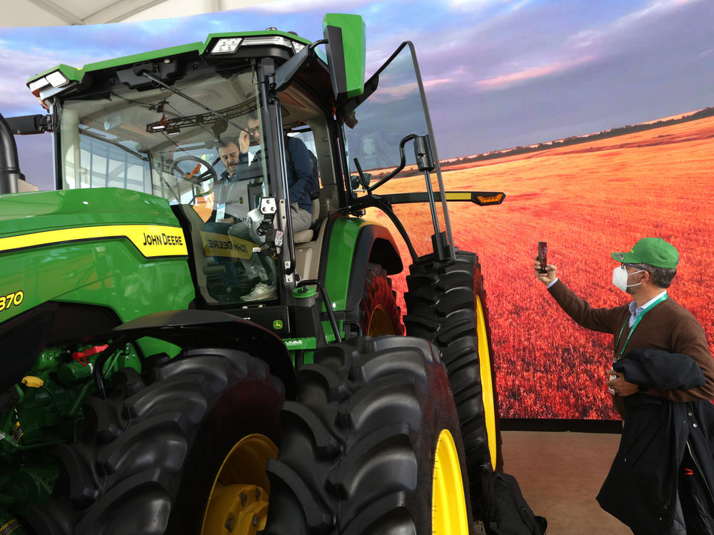 A John Deere autonomous tractor is on display at CES 2022 in Las Vegas, Nevada.