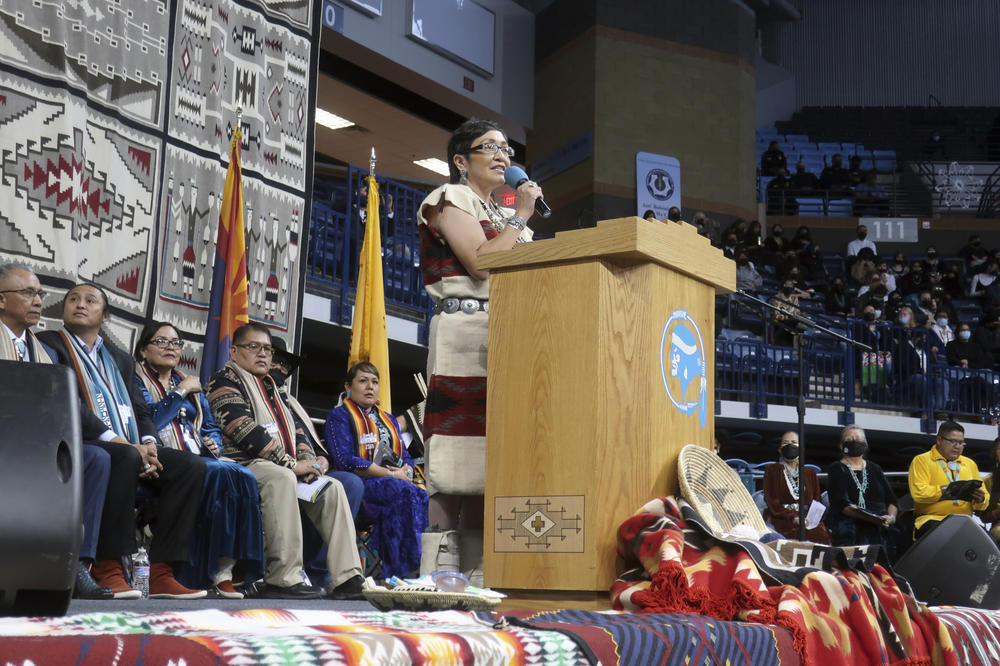 Navajo Nation Vice President Richelle Montoya addresses a crowd gathered for the tribe's inauguration.