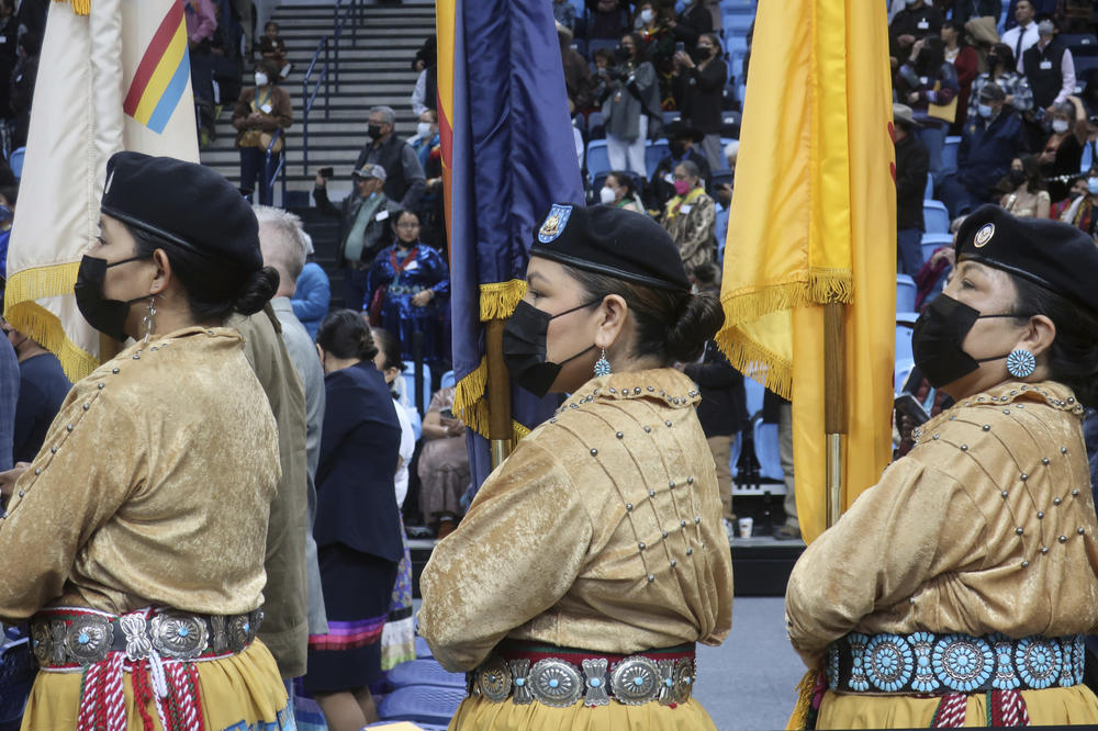 The Dine Saanii Silaoitsooi Color Guard, made up of all women, prepares to walk on stage.