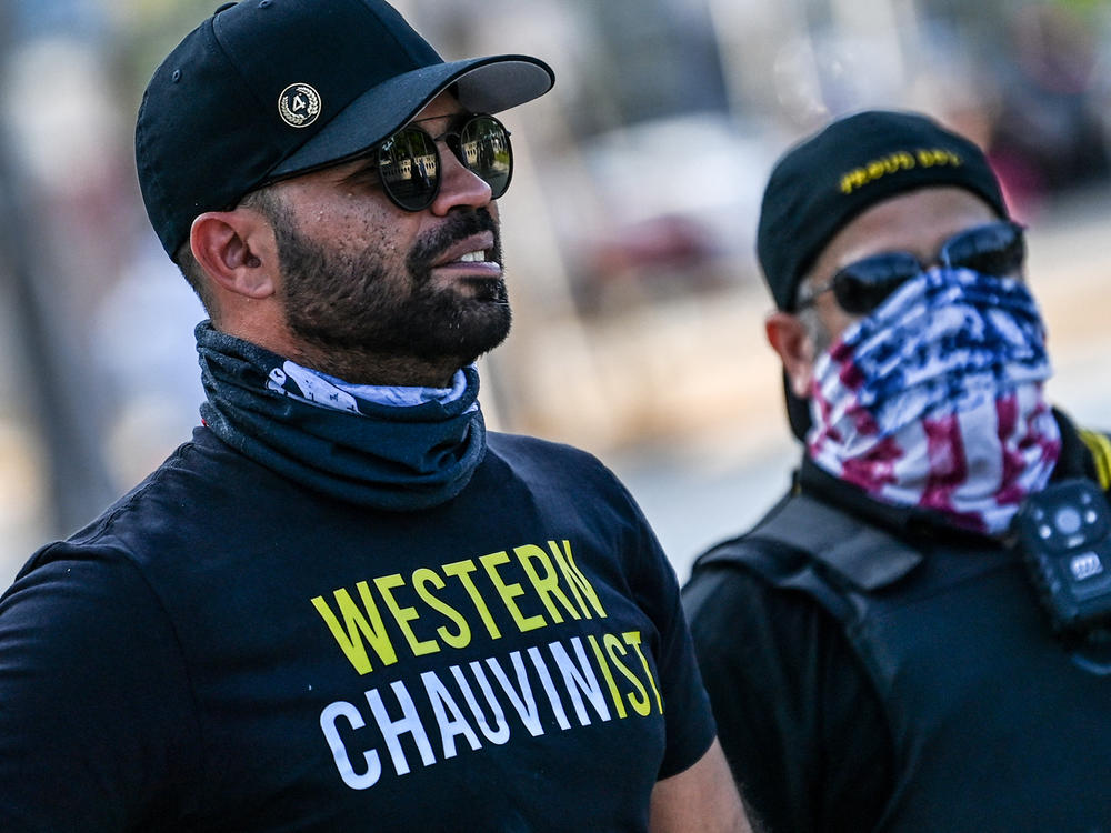 Proud Boys leader Enrique Tarrio, seen in May 2021, is on trial in Washington, accused of crimes related to the Jan. 6 storming of the Capitol.