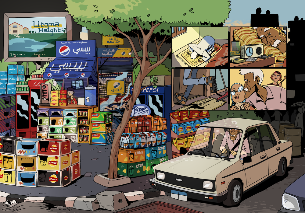 Shokry, bottom right, is one of the main characters in the graphic novel <em>Shubeik Lubeik</em>. He is desperately trying to get rid of the three wishes he inherited from his father by selling them at his kiosk, which also stocks soda, snacks and phone cards.