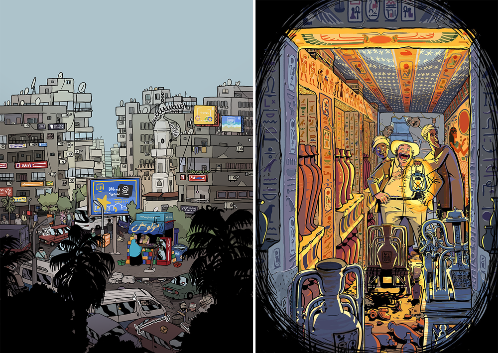 Left: Deena Mohamed's portrayal of Cairo offers an energetic — and realistic — cityscape. Right: British explorers discover a trove of wishes.