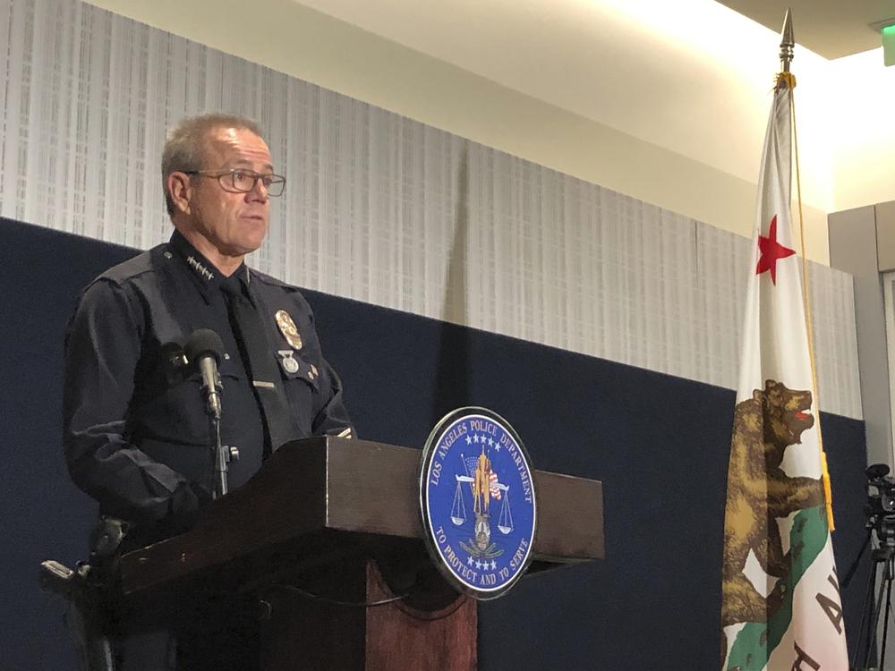 Los Angeles Police Chief Michel Moore discusses the recent fatal police encounters during a news conference on Wednesday at LAPD headquarters.