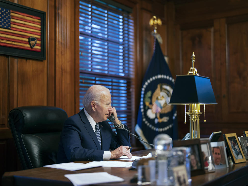 President Biden pictured at his home office in his private residence in Wilmington, Del., in 2021. This week, the Department of Justice announced that improperly stored classified documents had been discovered at the president's Wilmington home.