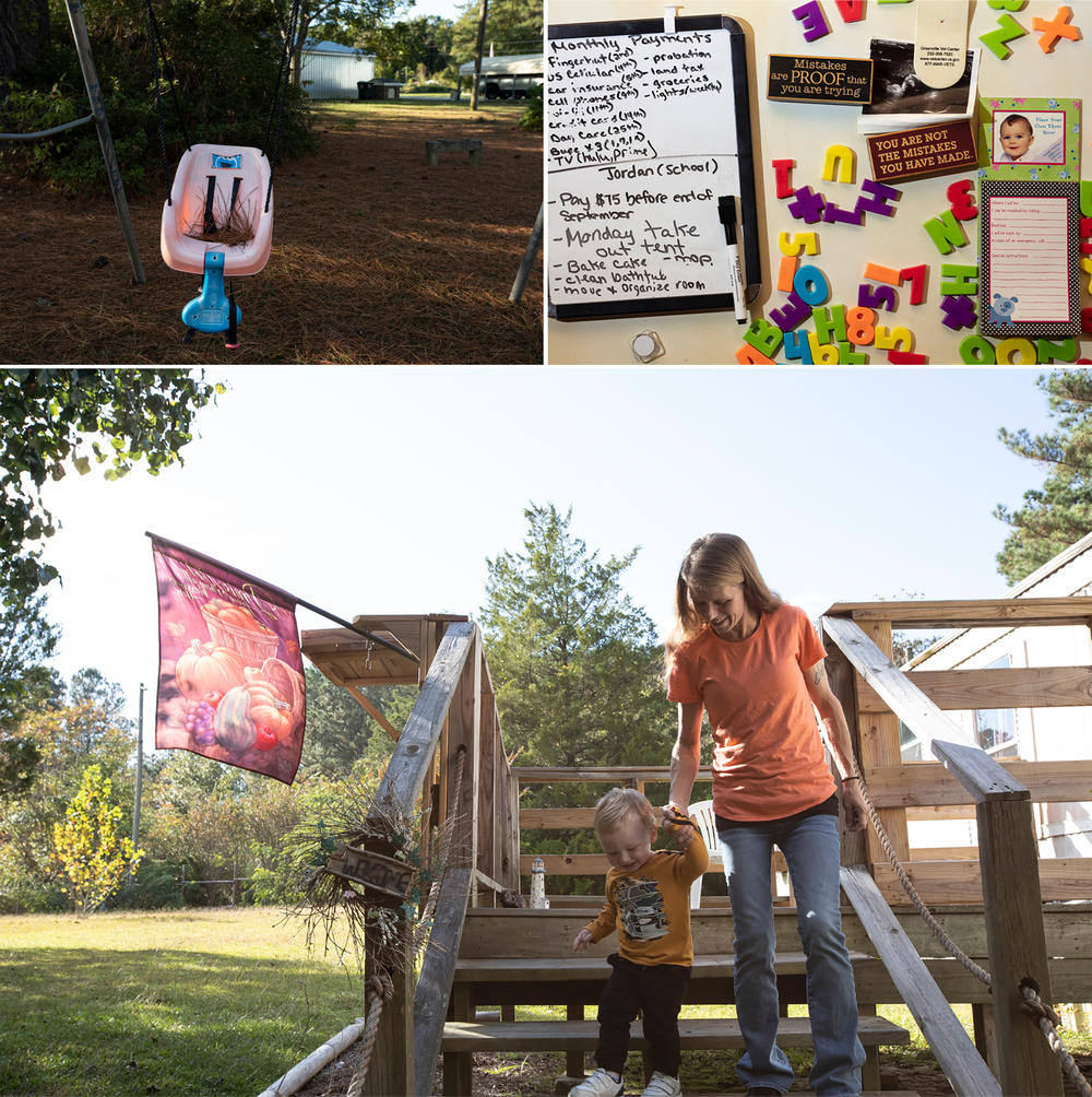 <strong>Top left: </strong>A swing behind the Cunninghams' house in Martin County, N.C. <strong>Top right:</strong> A to-do list and motivational magnets on the Cunninghams' refrigerator. <strong>Bottom:</strong> After Sylvia Cunningham gave birth, son Braxton went into foster care as the family faced court proceedings to end their parental rights to all of their children.